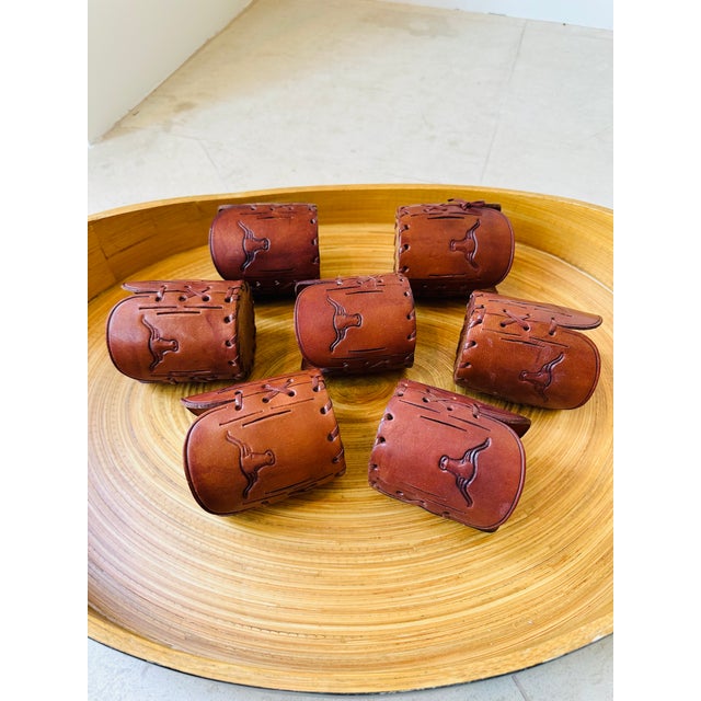 Vintage Western Style Leather Sleeves for Drinks Glasses/ Bottles Featuring Steers -Set of 7 For Sale - Image 11 of 17
