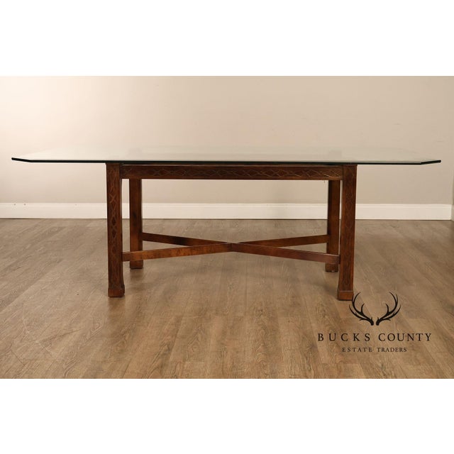 Chinese Chippendale Style Glass Top Mahogany Dining Table For Sale - Image 4 of 18