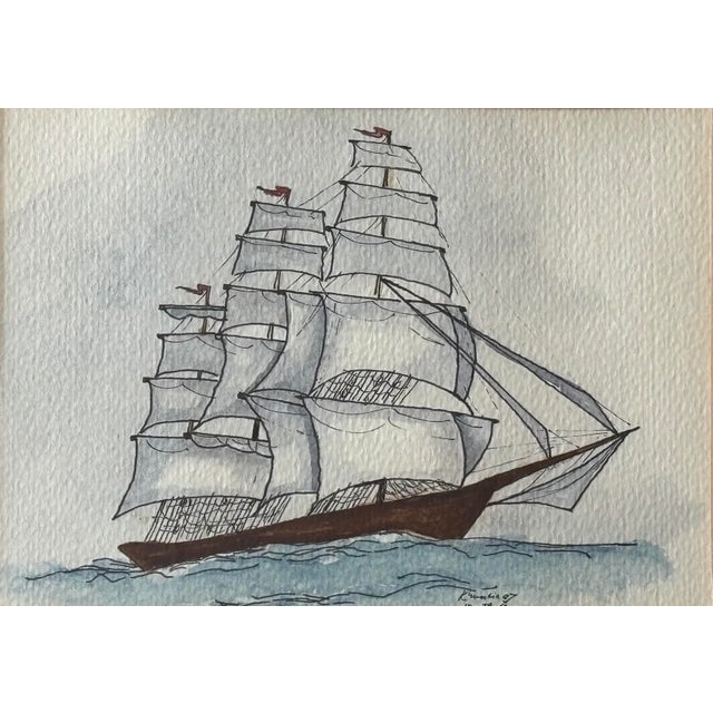 Original 1979 Pair of Nautical Clipper Ship Paintings in Pen, Ink, & Watercolor For Sale - Image 6 of 9
