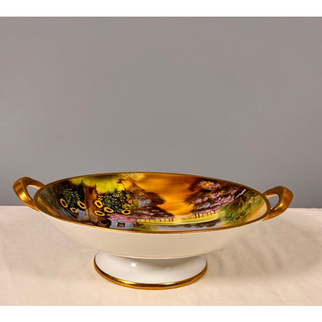 Antique Hand-Painted Nippon Scenic Handled Bowl, Green Wreath Mark, 9.75″ For Sale - Image 10 of 11