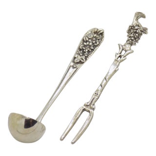 Vintage Italian Handmade Genuine Silver Cocktail Fork & Cherry/Olive Mini Ladle For Sale
