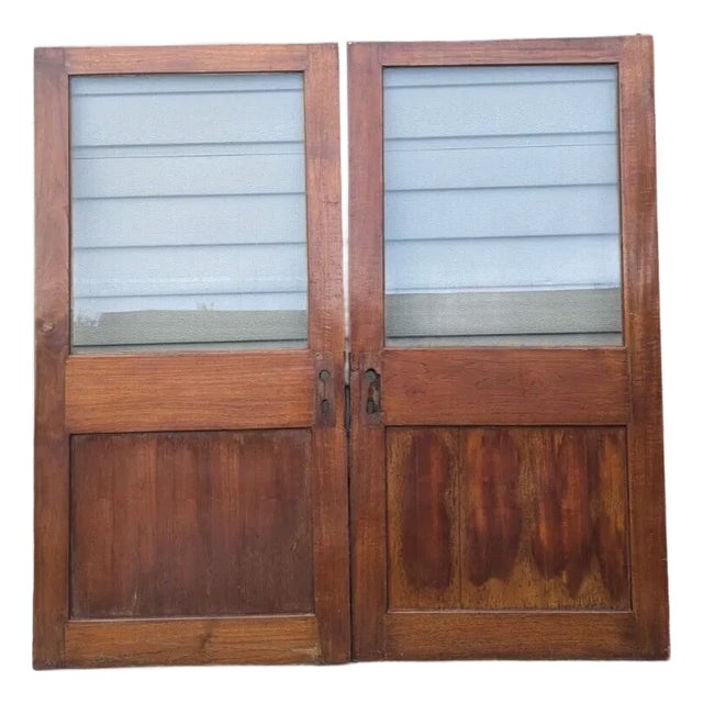 Vintage Teak Sailboat French Doors No Hardware Wooden Ship Salvage Maritime 50"h For Sale