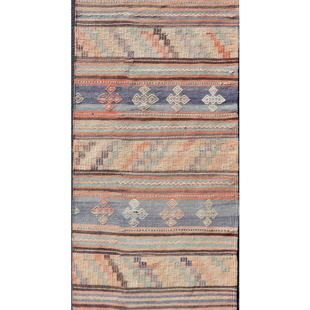 Mid 20th Century Colorful Vintage Embroidered Kilim Runner With Stripe's and Geometric Motifs For Sale In Atlanta - Image 6 of 11