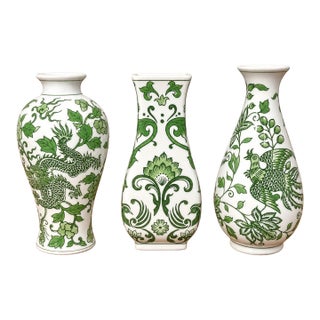 Vintage MCM Chinoiserie Porcelain Green and White Vases-Set of 3 For Sale
