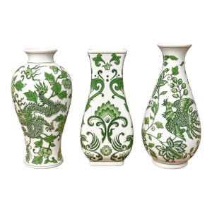 Vintage MCM Chinoiserie Porcelain Green and White Vases-Set of 3
