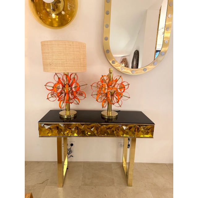 Mid-Century Modern Contemporary Pair of Brass Sputnik Rings Murano Glass Lamps , Italy For Sale - Image 3 of 12