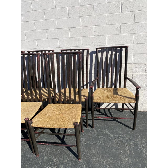 Ebony Set of 8 Elegant High Quality Wood Dining Chairs: Tall Back Dessin Fournir Slat Back Black Hand Rubbed Ebonized Wood With Rush Seats. Set of 8 For Sale - Image 8 of 12
