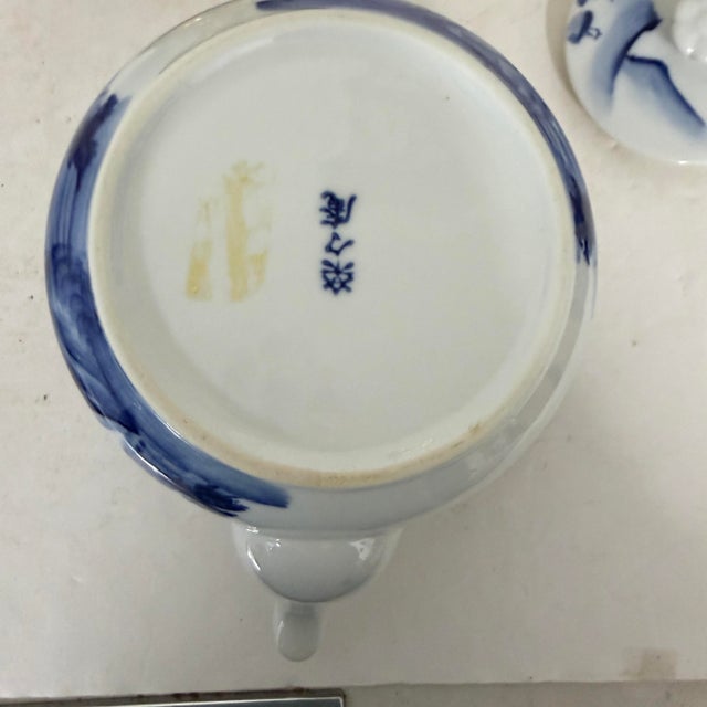 Ceramic Vintage Hand Painted Blue on White Landscape Japanese Teapot For Sale - Image 7 of 7