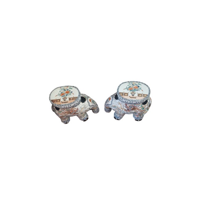 Asian Vintage Pair of Hand-Painted Ceramic Asian Elephant Plant Stands For Sale - Image 3 of 4