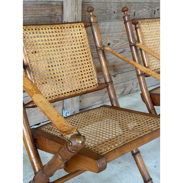 Mid 20th Century Mid-20th Century English Campaign Faux Bamboo Folding Sling Armchairs With Cane Seats – Pair For Sale - Image 5 of 12