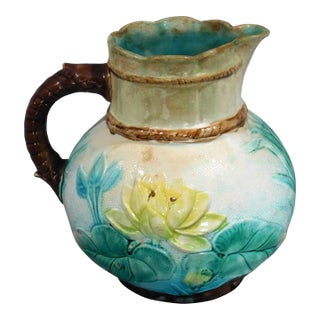 Antique Majolica Water Pitcher Samuel Lear Pond Lily Rope C 1875 Hand Painted Hanley England English Polychrome Twig Form Raised Decorations For Sale
