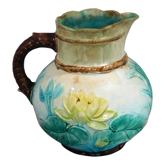 Antique Majolica Water Pitcher Samuel Lear Pond Lily Rope C 1875 Hand Painted Hanley England English Polychrome Twig Form Raised Decorations For Sale