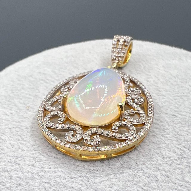 Vintage Art Deco Style Pear Opal and Diamond Teardrop Statement Pendant in Gilded 925 Silver, 1980s For Sale - Image 9 of 15