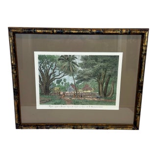 Vintage Gilt Faux Bamboo Framed French Indochina Landscape Print - British Colonial Style For Sale