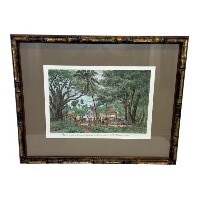 Vintage Gilt Faux Bamboo Framed French Indochina Landscape Print - British Colonial Style For Sale