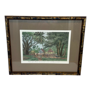 Vintage Gilt Faux Bamboo Framed French Indochina Landscape Print - British Colonial Style