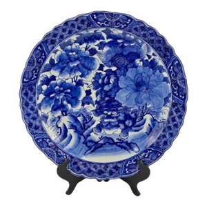 Antique Japanese Arita Blue White Charger Plate Foo Dog Lion Peony-19''-Asian