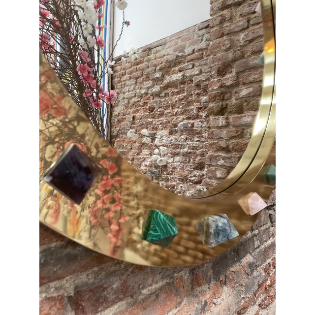Modern Spanish Circular Brass Mirror with Semi Precious Stones For Sale - Image 10 of 11