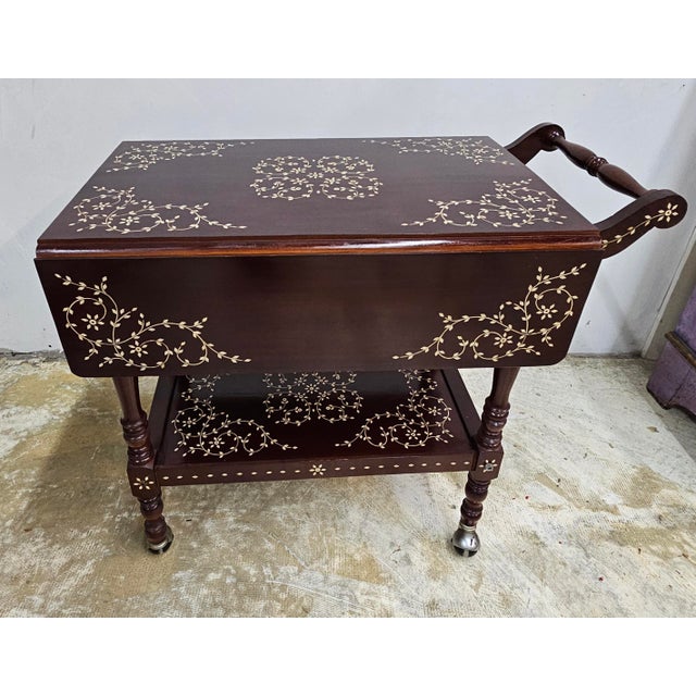 Late 20th Century South East Asian Hancrafted Bone Marquetry Rosewood Drop Leaf Serving / Tea Cart For Sale - Image 5 of 10