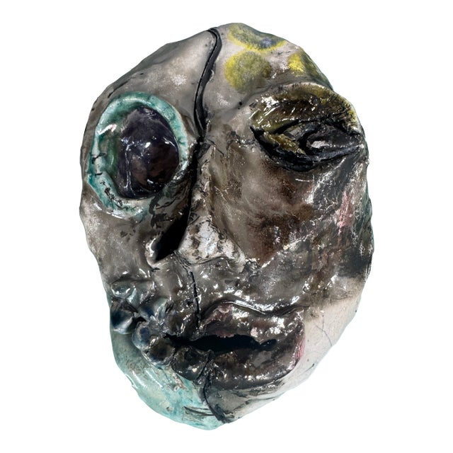 Handmade Pottery Sculptured Face, Scary Folk Art For Sale