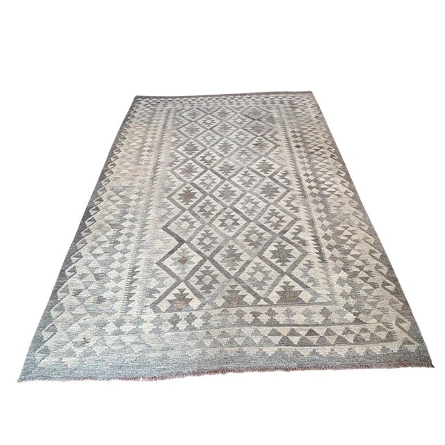 Gray Large Handwoven Wool Kilim Rug with Geometric Pattern, 1990s For Sale - Image 8 of 8