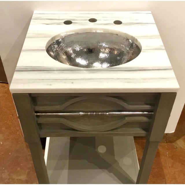 Original Retail $3900, stylish Ambella Home Modern Gray Wood and Marble Spindle Sink/Vanity, white and gray marble top...