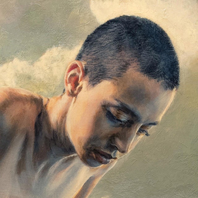 Pedestal by Dave Seeley | Oil on Canvas on Panel Figure seated on a rocky pedestal above clouds. For Sale - Image 4 of 5