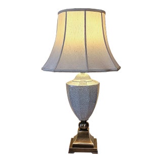 Vintage Crackle Glaze Ceramic Table Lamp on Antiqued Brass Base, Transitional Style For Sale