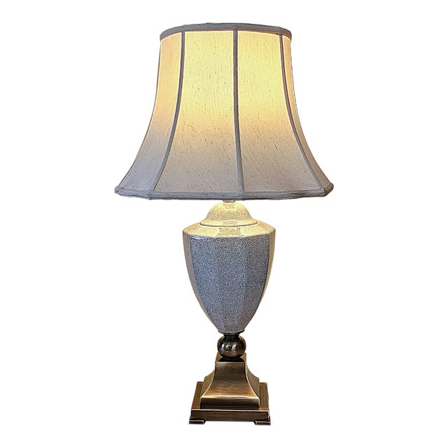 Vintage Crackle Glaze Ceramic Table Lamp on Antiqued Brass Base, Transitional Style For Sale
