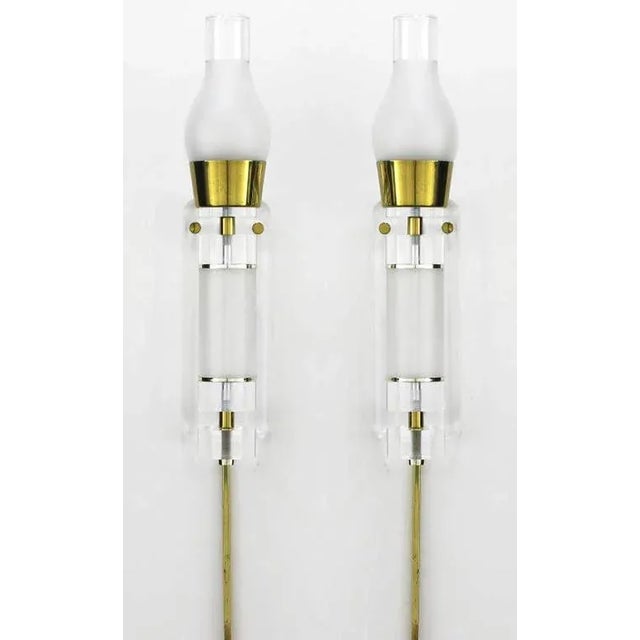 1970s Extraordinary 24" Lucite, Brass & Glass Wall Sconces - a Pair For Sale - Image 5 of 7
