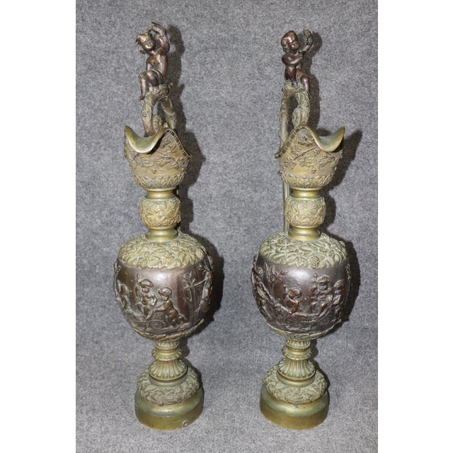 Metal Fine Pair of Bacchonalian Renaissance Revival Bronze Tall Ewers Goblets For Sale - Image 7 of 10
