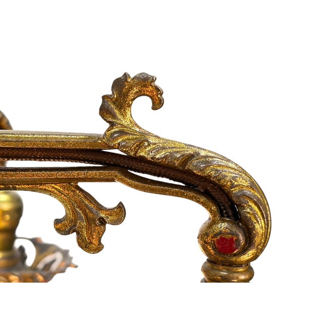 1910s Cast Brass Semi Flush Ceiling Light With Red and Blue Embellishments Circa 1915 For Sale - Image 13 of 16