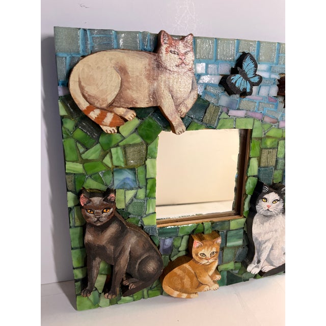 American Vintage Original Mosaic Painted Cat Mirror For Sale - Image 3 of 9