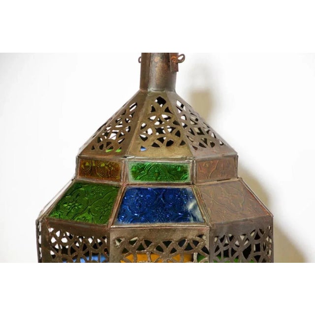 1980s Handcrafted Moroccan Metal and Multi-Color Glass Lantern Octagonal Diamond Shape For Sale - Image 5 of 13