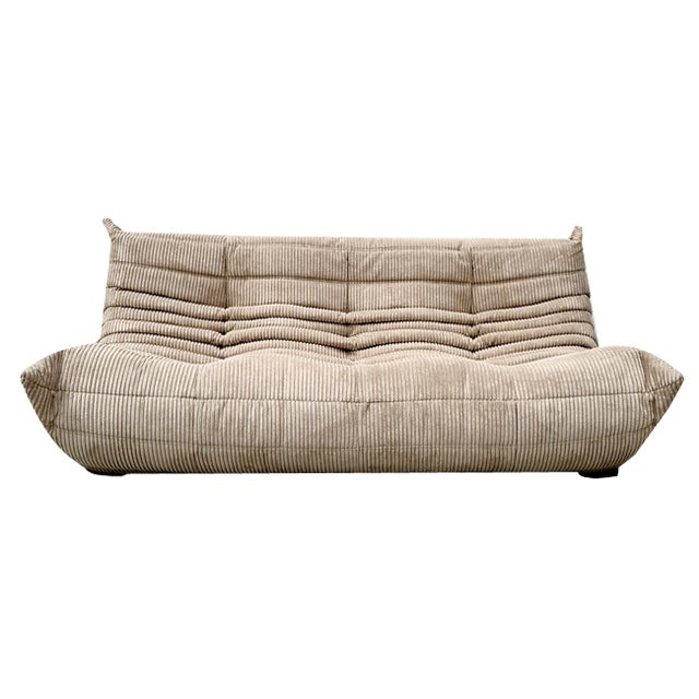 French Togo 3-Seater Sofa in Beige Corduroy attributed to Michel Ducaroy for Ligne Roset, 1970s For Sale