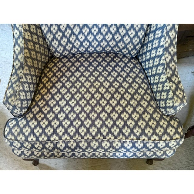 Mid Century Queen Anne Style Modified Wing Back Chair in Ikat Upholstery For Sale In New York - Image 6 of 9