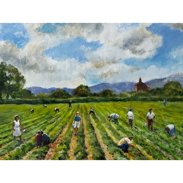 1980s British 20th Century Landscape Oil Painting, Strawberry Pickers Harvesting in West Sussex South Downs For Sale - Image 5 of 18