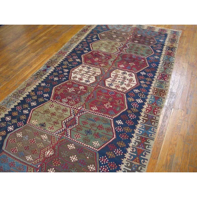 1850s Multicolor Geometric Kilim Antique Turkey Rug Flat Weave Rug 5'0" X 10'8" Wool Carpet For Sale - Image 4 of 5