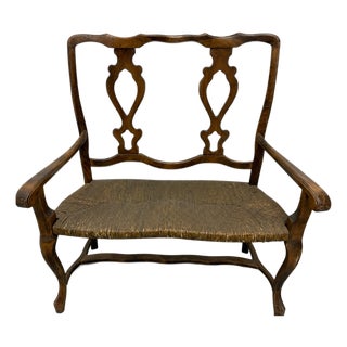 Late 20th Century French Provincial Walnut Rush Seat Settee With Pierced Double-Splat Back For Sale