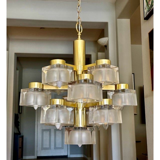 Sciolari 13 Light Ice Cube Glass Brass Chandelier For Sale - Image 17 of 17