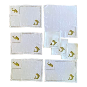 Vintage 1960s Needlepoint Dolphin Motif Linen Placemats and Dinner Napkins Set- 8 Pieces