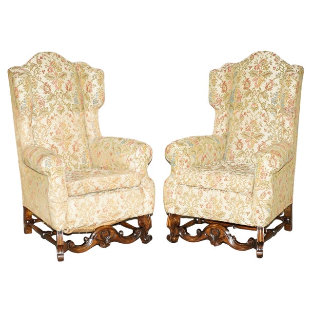 Set of Italian Carolean High Back Wingback Armchairs, 1880s For Sale