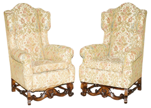 Set of Italian Carolean High Back Wingback Armchairs, 1880s