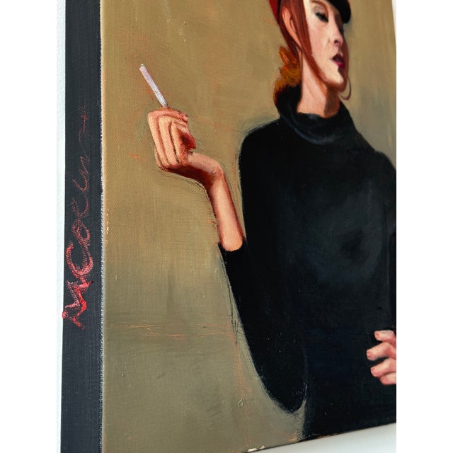 Textile Contemporary Woman With Cigarette Original Oil on Canvas For Sale - Image 7 of 7