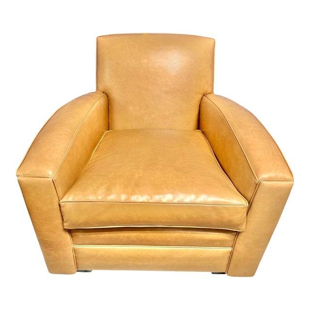 Caramel Tan Leather Club Armchair With Curving Arms For Sale