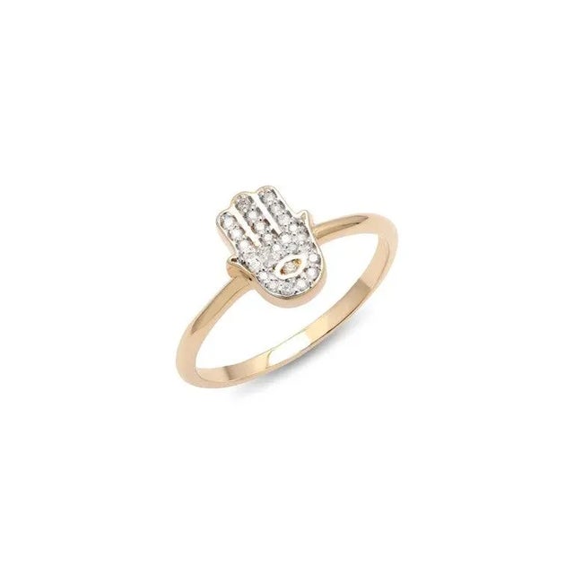 Gold Modern Hamsa Hand Diamond Promise Ring Size 7 in 14k Yellow Gold For Sale - Image 8 of 13