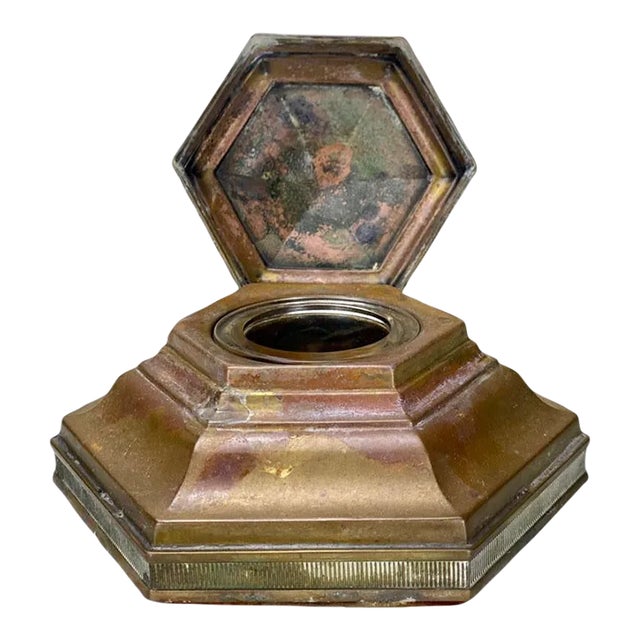 Antique Traditional Brass Hexagonal Fountain Pen Desk Inkwell For Sale