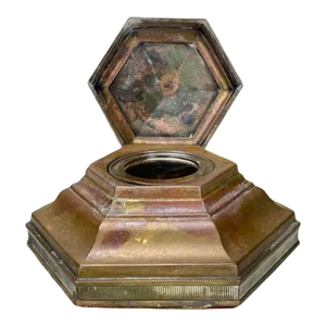 Antique Traditional Brass Hexagonal Fountain Pen Desk Inkwell