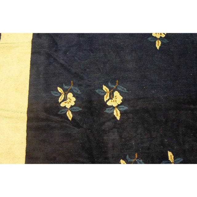 Art Deco 1920s Navy Minimalist Floral Deco Antique Chinese Peking Small Rug 5'9" X 11' 3" For Sale - Image 3 of 8