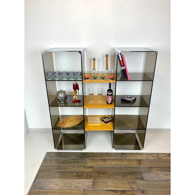 Chrome, Smoked Glass & Wood Bookshelf Étagère by Gallotti & Radice, Italy, 1970s For Sale - Image 6 of 15